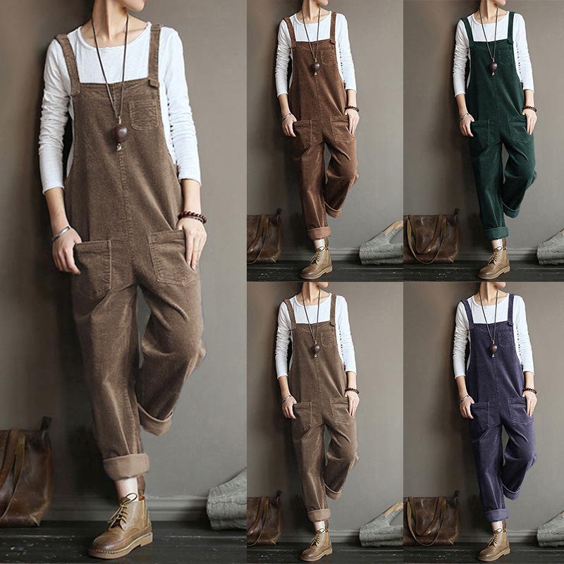Autumn/Winter Solid Color Casual Corduroy Long Overalls
