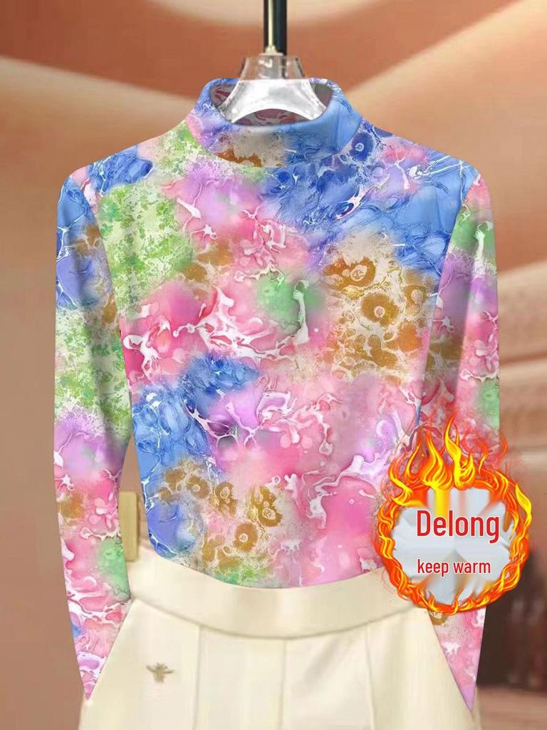 Women's Tie-Dye Ribbed Fleece Half-High Neck Top - Long Sleeve, Warm and Slimming for Autumn and Winter