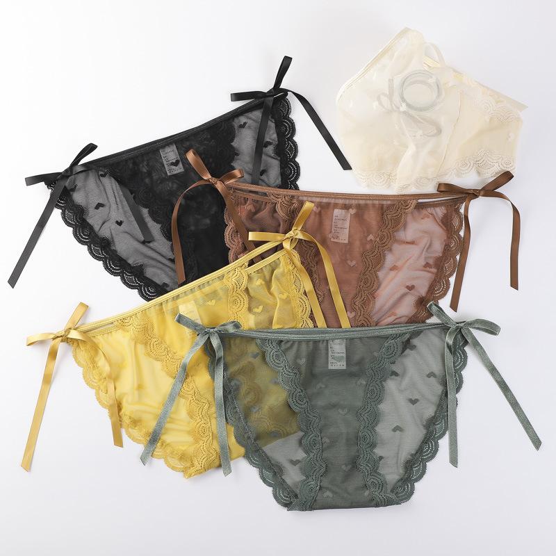 Sexy Lace Panties Printed Heart Lingerie Low-Rise Breathable Hollow Out Briefs Strappy Knickers