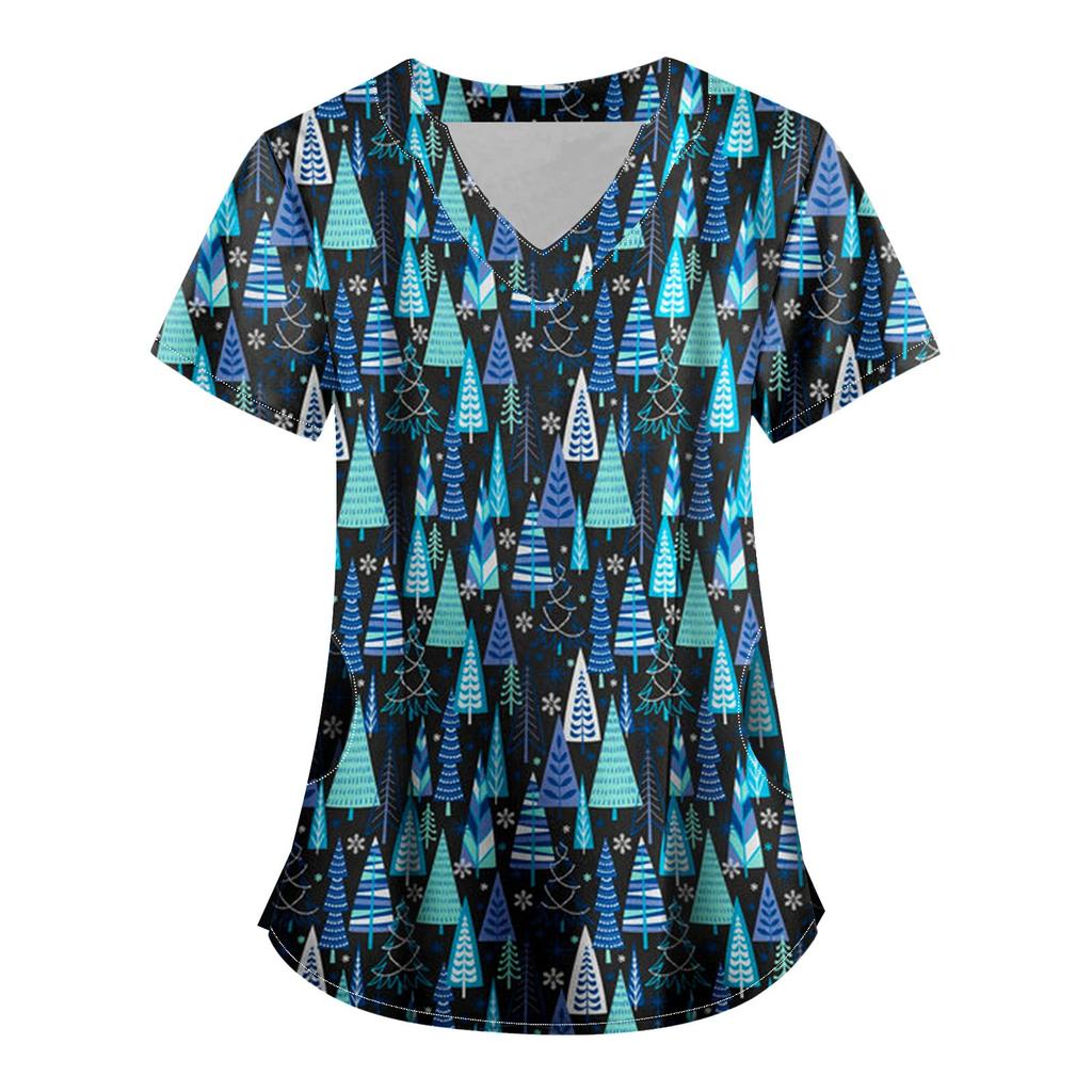 Women Short Sleeve V Neck Christmas Cartoon Pattern Tops Pocket Working T-shirts Non-positioning Print