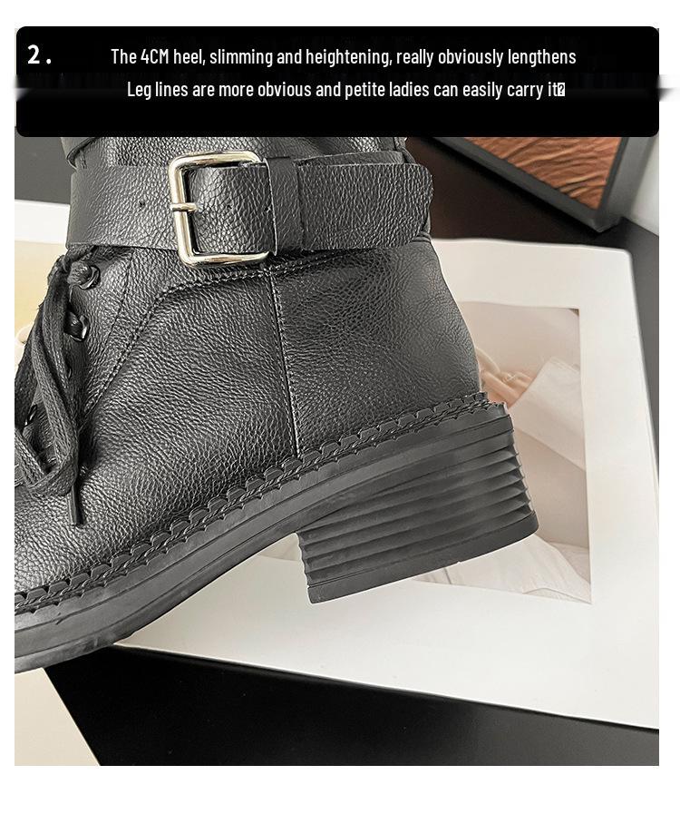 2025 Autumn/Winter Women's Retro British Mid-Calf Lace-Up Belt Buckle Martin Boots - Thick Sole, Height Increasing Western Style