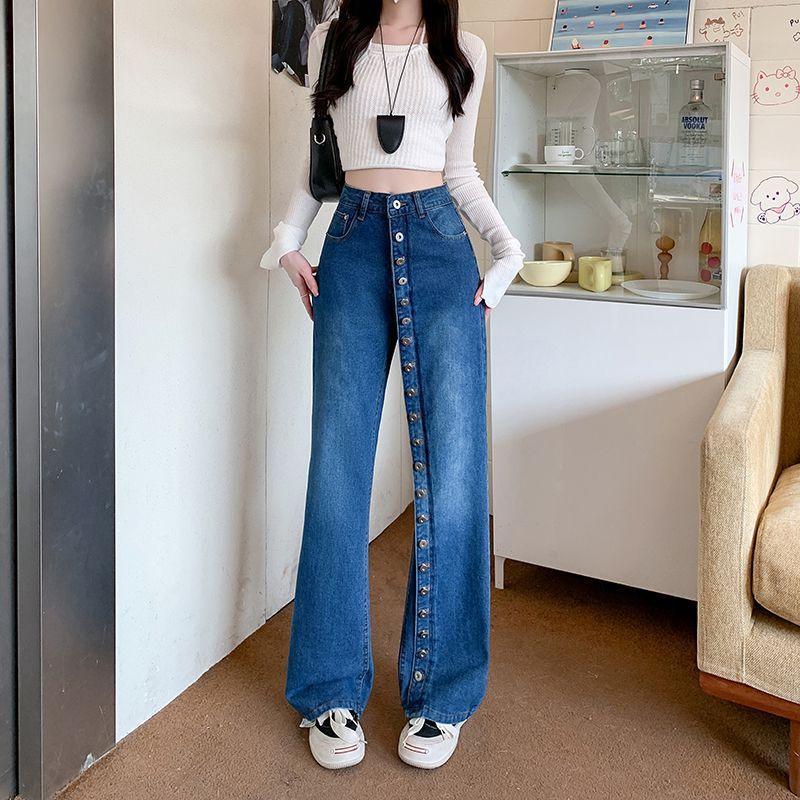 Authentische Amerikanische Retro Damen High-Waist Wide-Leg Jeans mit Mehrknopf-Detail