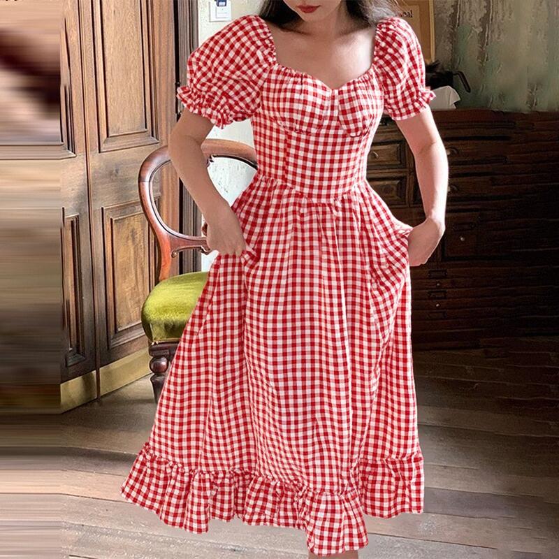 

ZANZEA Женское повседневное платье с квадратным воротником и короткими рукавами в летний сетчатый узор M красный