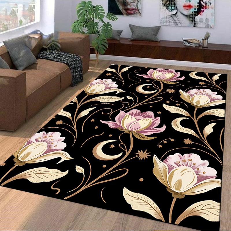 Floral Carpet with Pink Flowers, Moon, Star Pattern, Black Background Suitable for Use As an Anti-slip for Living Room Bedroom Sofas