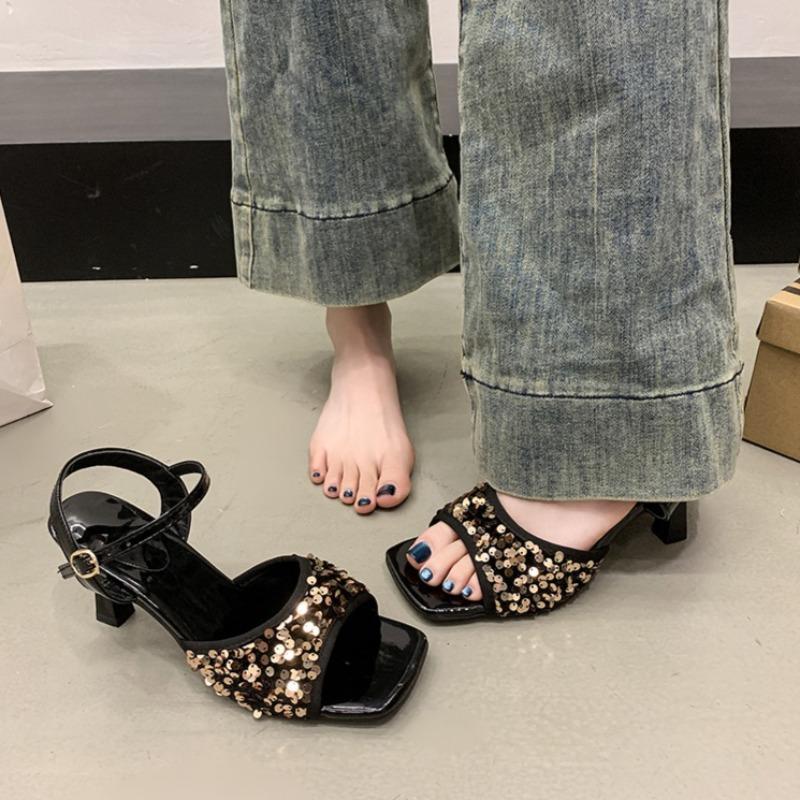 Temperament Stiletto Sandals Women Summer New Square Toe Open Toe Sequin Sequin Strap Sexy High Heels