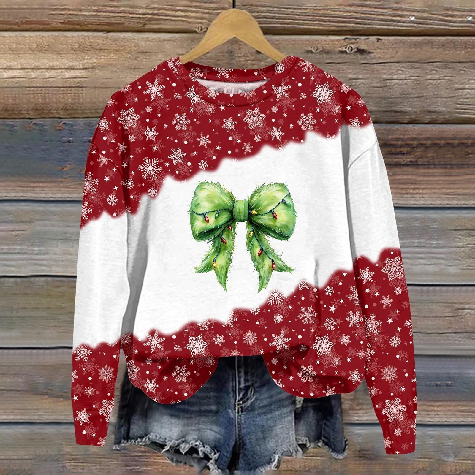 

Женская мода рождественский принт длинный рукав свободный круглый вырез толстовка топ осень XL