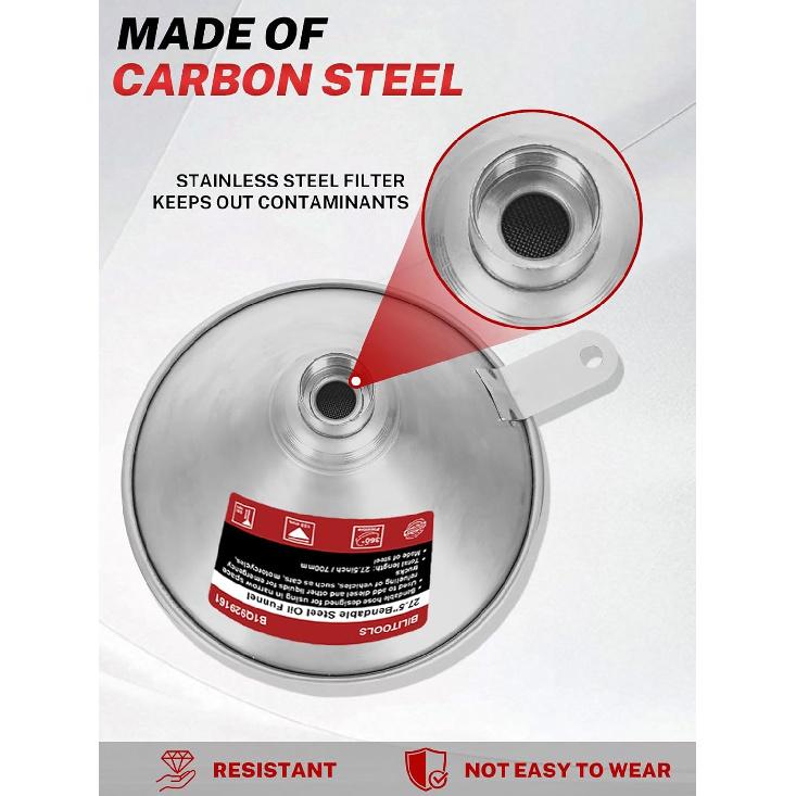 BILITOOLS 26.2" Steel Flexible Oil Funnel With Filter For Automotive Use, Metal Bendable Spout Funnel For Oil Fluids Change, Long Funnels For