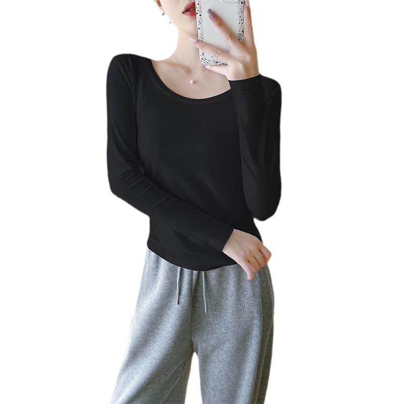 Pure Cotton New Long-sleeved T-shirt Base Shirt for Women with Low Neck Round Neck Solid Color Inner Tights White Early Autumn Style