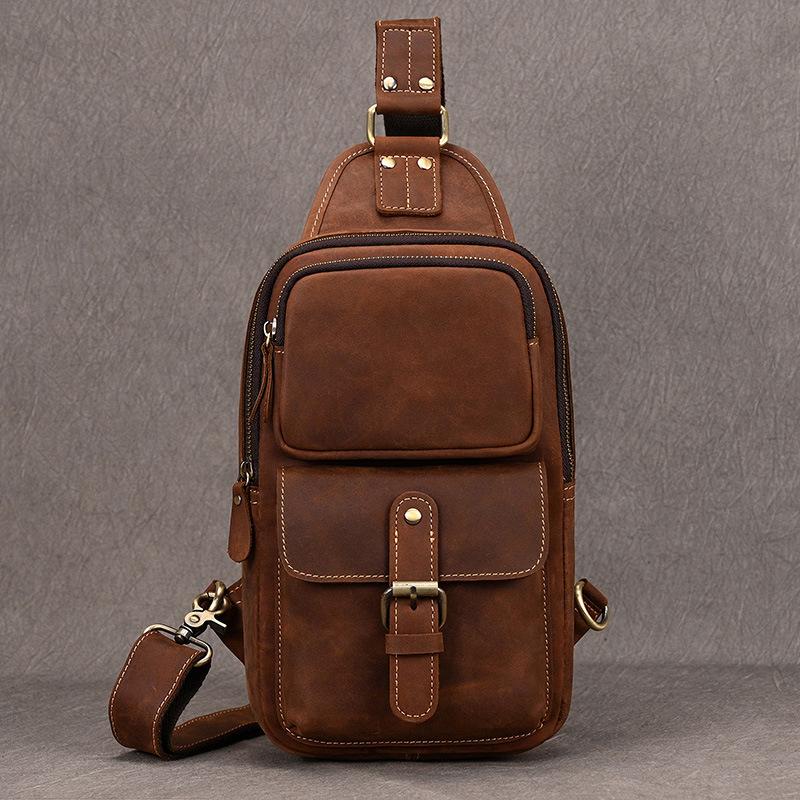 Crazy Horse Leather Breast Bag Men'S Summer And Autumn Leather Oblique Span Bag Cowhide Shoulder Bag Commuter Outdoor Leisure Backpack