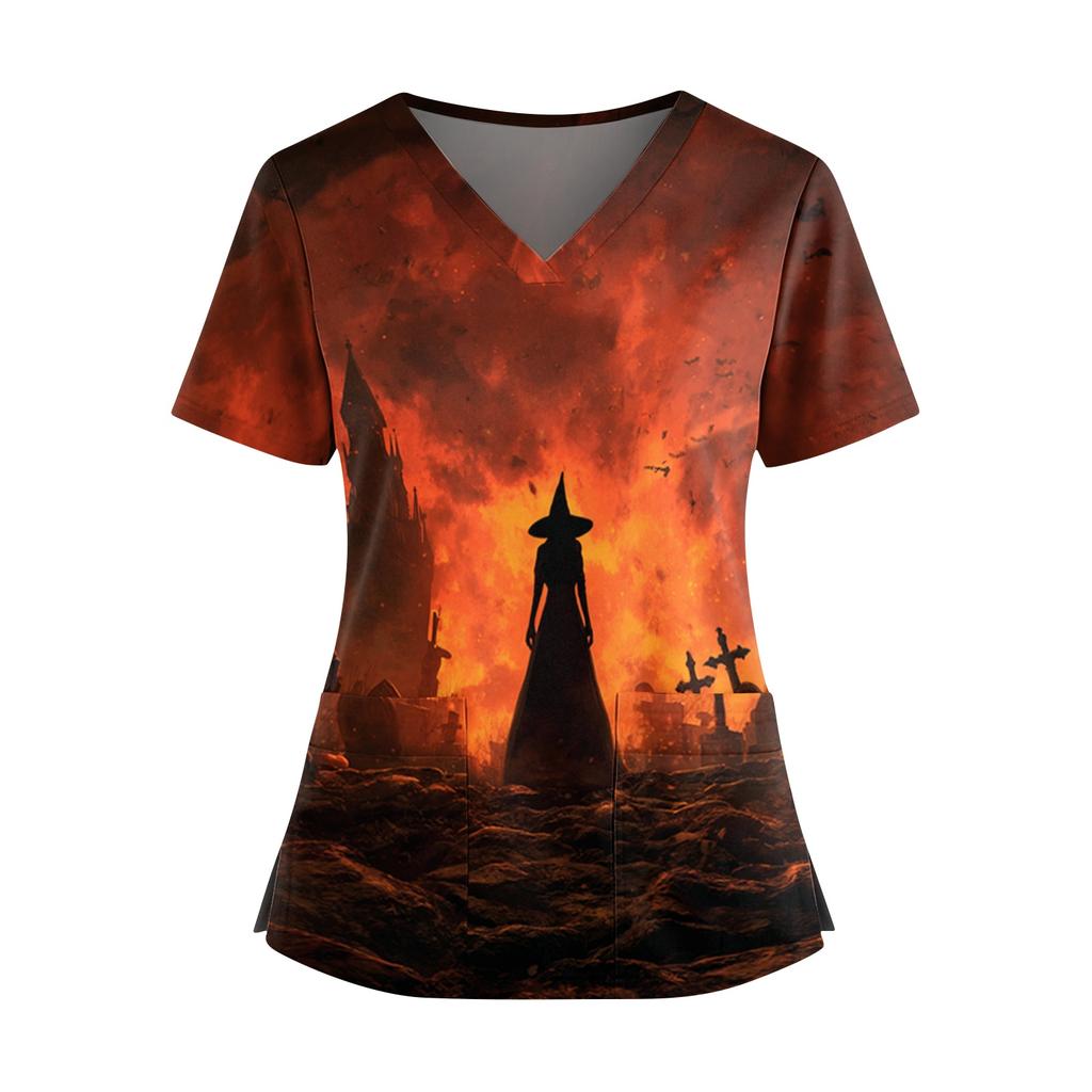 Women V Neck Short Sleeve Top with Dual Side Slits and Pockets Halloween Themed Printed Shirt for Professional Use