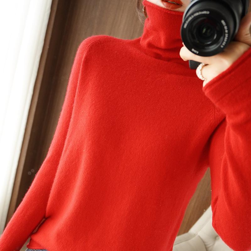 Damen Herbst Winter Hochgeschlossener Langarm Strickpullover mit Plüschkragen Unifarben Lockerer Schlanker Basis Layer