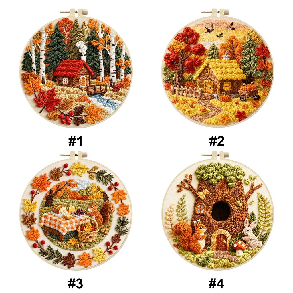 Autumn DIY Stitches Kit with Embroidery Hoop Hand Sewing Kit 29x29cm Starter Embroidery Kit for Beginners Craft Lovers Gift