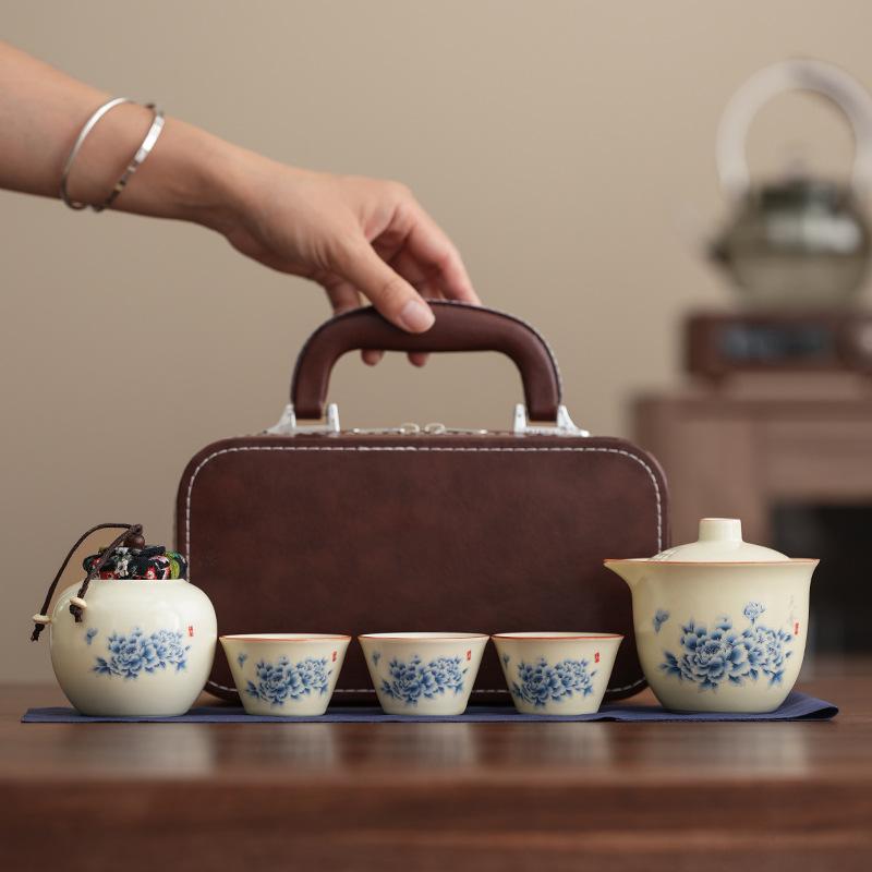 Ru Brennofen Pfingstrose Qingyun Tragbares Reise-Teeset Keramik Kuaike Tasse Kung Fu Tee-Set Geschäftsbegleiter Geschenk