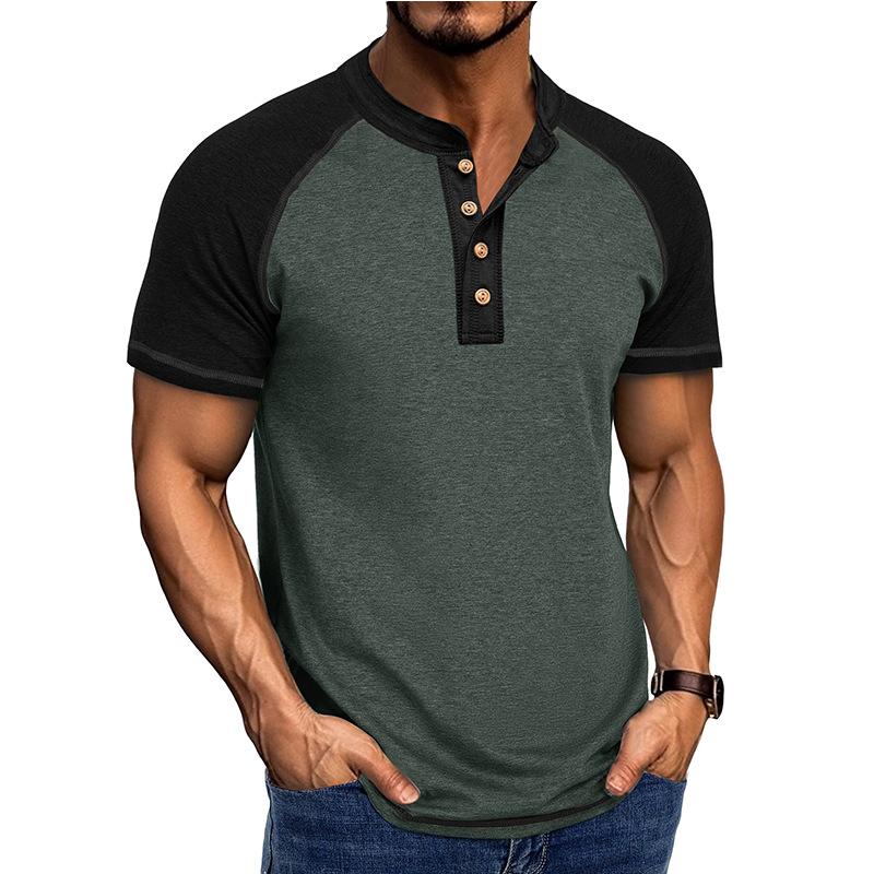 Men's Summer Short Sleeve T-Shirt Fashion Patchwork Henry Collar Button Casual Tees Tops