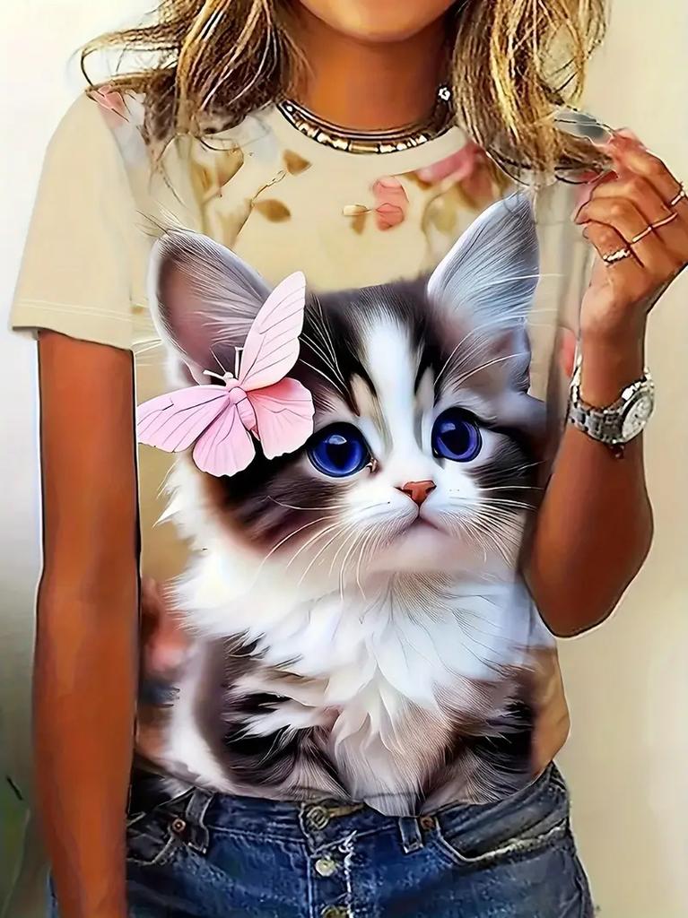 Cute Cartoon Cat Pattern T Shirt for Women Funny Animal 3D Printed Short Sleeves Tees Summer Plus Size T-Shirts O-Neck Kids Tops