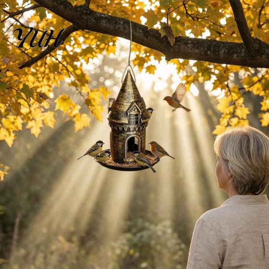 Unique Birding Gift for Men Retro Castle Bird Feeder, Metal Hanging Outdoor Nature Enthusiasts Wild Feeder Garden Backyard Balcony Decor