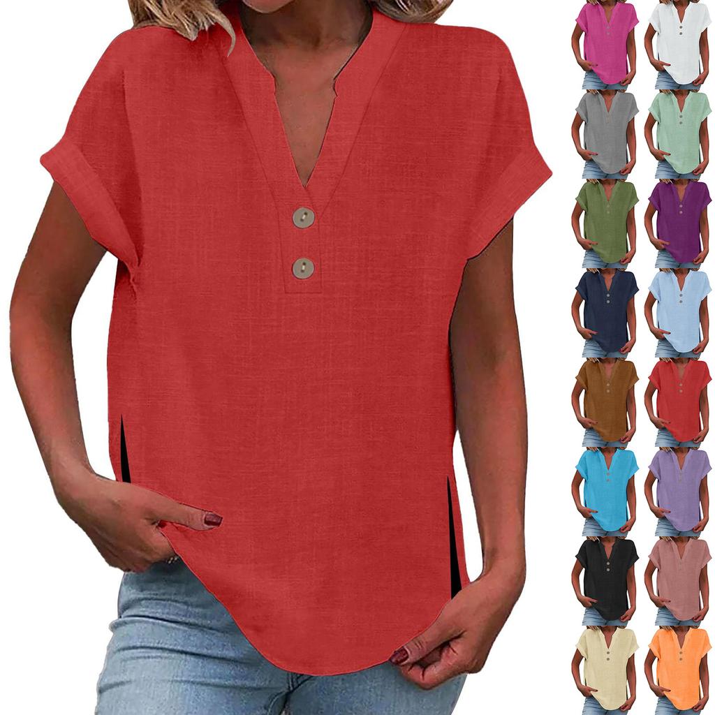 Women's Fashion Casual Solid Colour V-Neck Short Sleeve Button Split Shirt T-Shirt Top