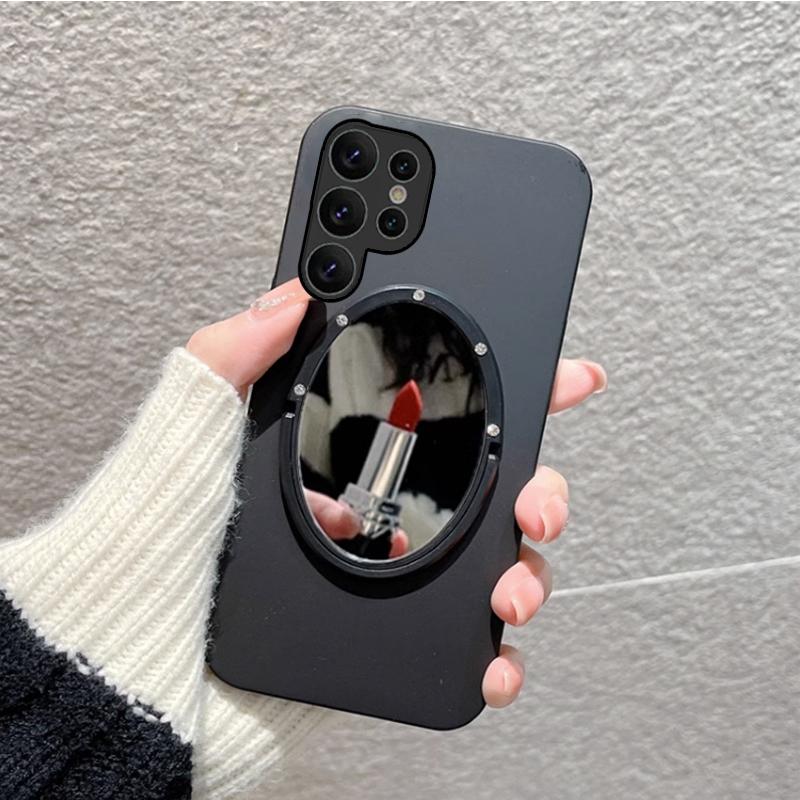 Mirror Stand Holder Soft Silicone Phone Cover For Samsung Galaxy S24 Ultra Plus Crossbody Leather Metal Chain Lanyard Back Case