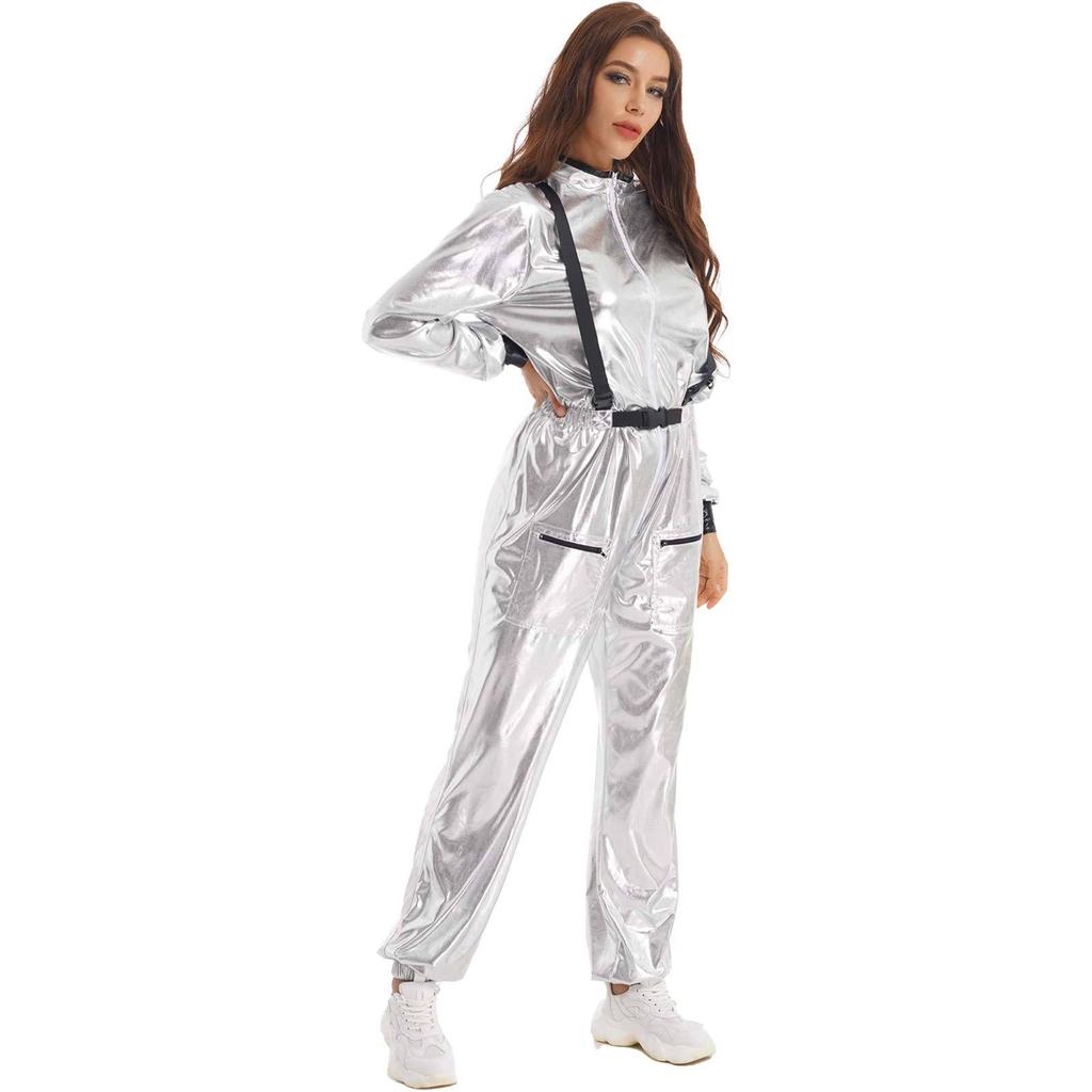 S-3XL Damen Astronauten Jumpsuit Halloween Kostüm, Metallic Glänzend Mock Neck Langarm Reißverschluss Bodysuit für Rollenspiel Cosplay Party