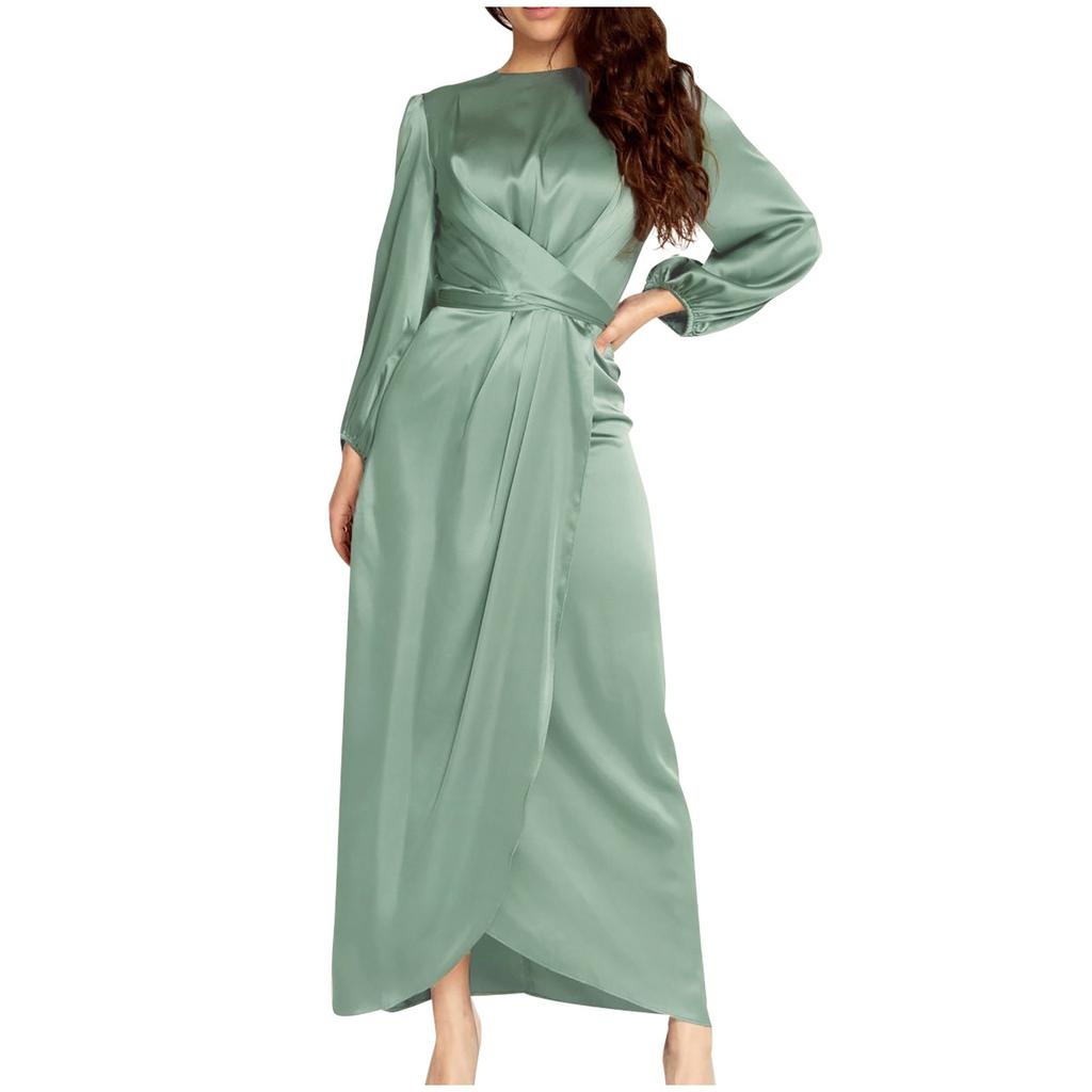 Women's Fashion Solid Color  Long Sleeve Satin Soft Waist And  Dress