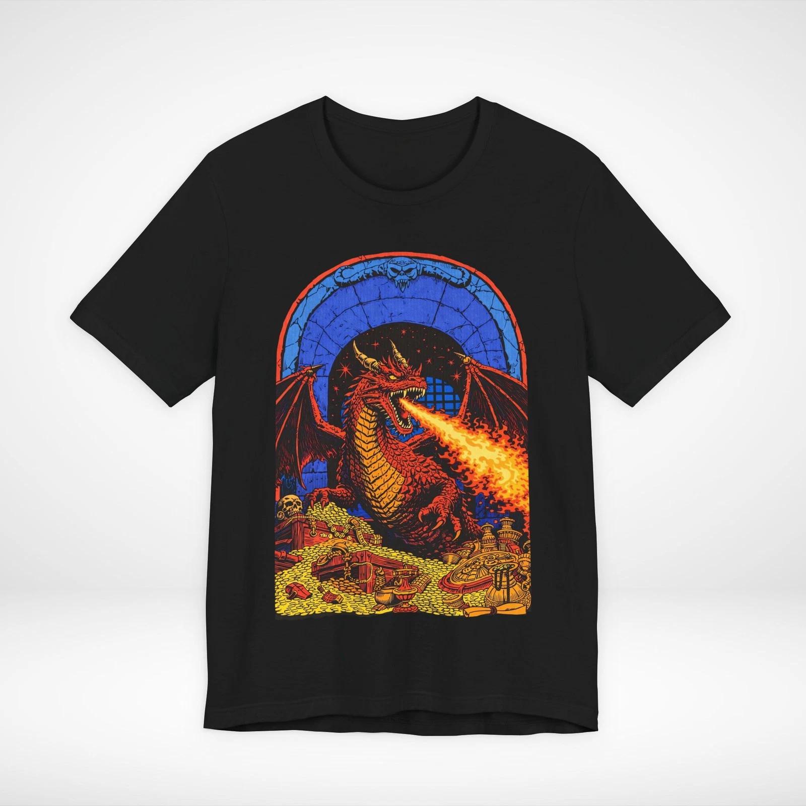 Vintage Dragon Treasure T-Shirt Retro Fantasy Comic Style Fire Breathing Tee L