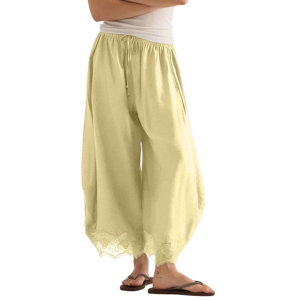 Women's Casual Wide Leg Pants Elastic Waistband Drawstring Bottom Hem Lace Trim Palazzo Trousers for Everyday Wear