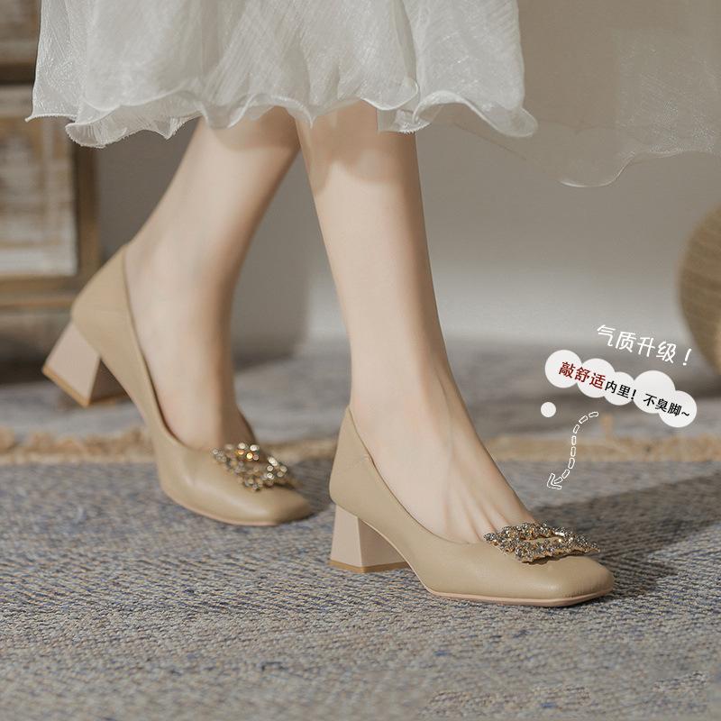 Leather square head shallow mouth spring 5 cm high heels French new versatile professional mother women's shoes temperament single shoes