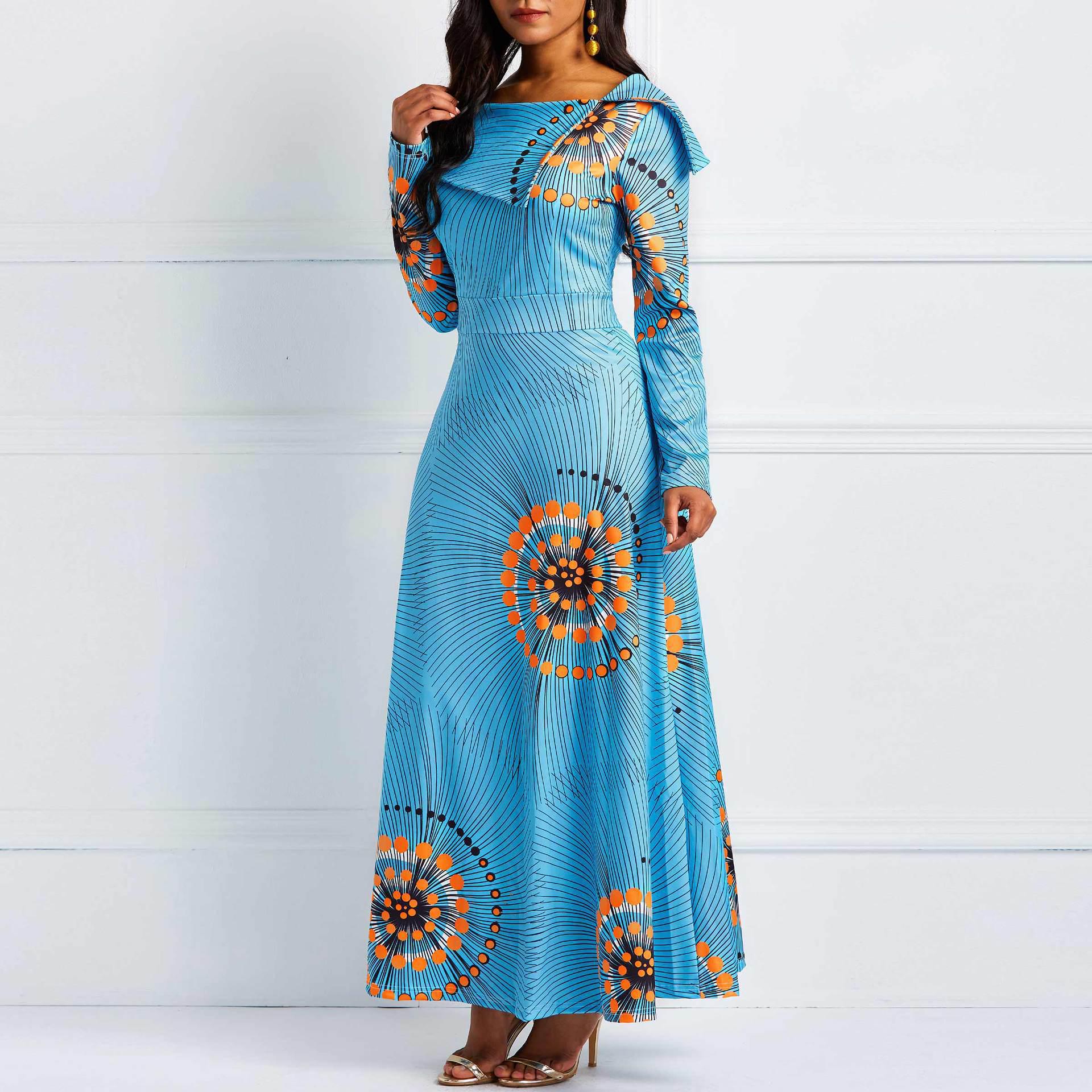 

European and American Standard Print Lapel Long Sleeve Slim Dress XL