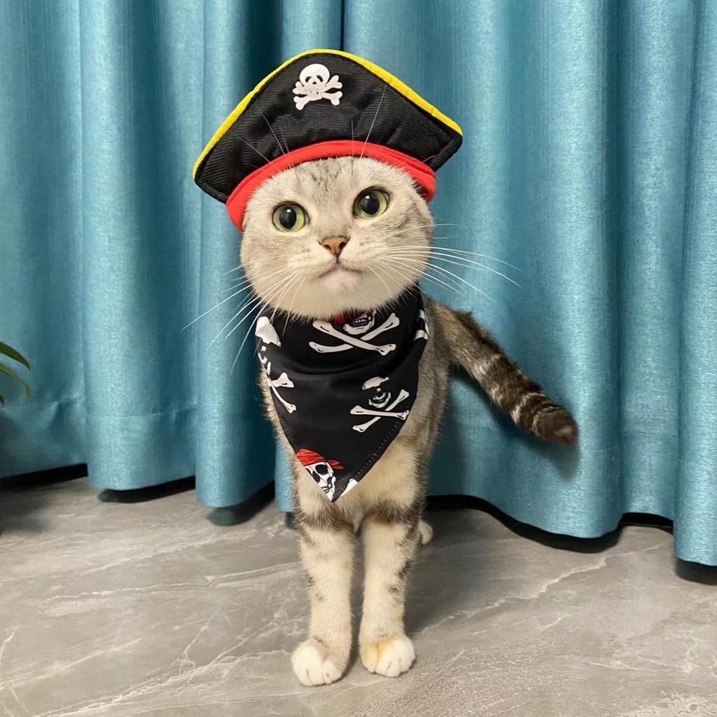 Cat Pirate Costume - Pet Hat, Skull Triangle Bandana, Halloween for Dogs Cats With Captain Headwear and Party Necklace