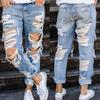European-American Style Women's Cut-Out Ripped Jeans, Light Blue, Slim-Fit Casual Hot Pants