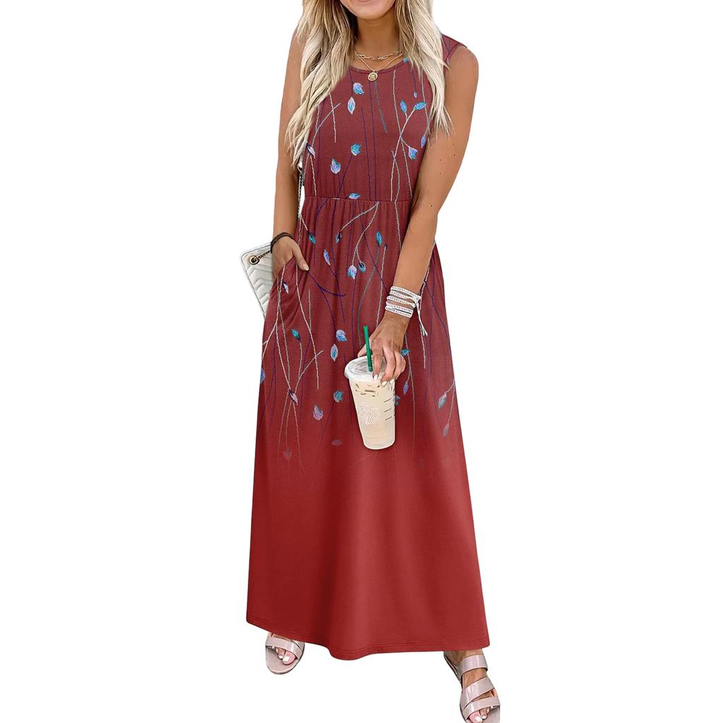 Ladies' Floral Print Casual And Fashionable Waist Cinched Sleeveless Dress