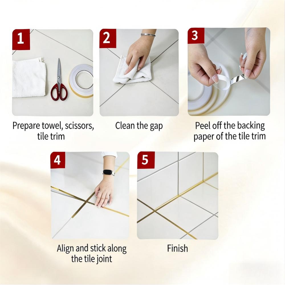 Self-Adhesive Tile Seam Sticker Waterproof Mildew Proof Floor Wall Decor Tape Gold Silver Black PET Gap Filler Strip for Kitchen Bathroom Bedroom