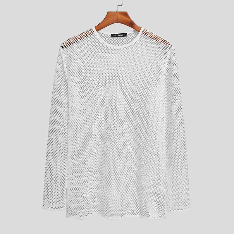 INCERUN Men Long Sleeve Mesh Skinny Tops See Through T-shirts