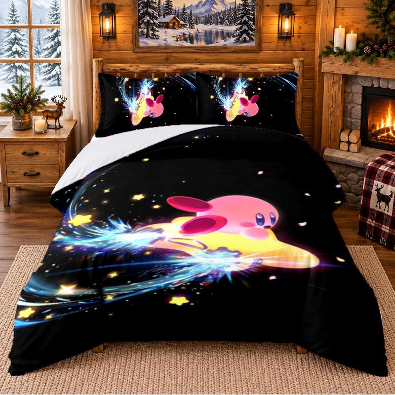 Kirby Pattern Bedding 3Pcs Set Bed Sheet And Pillowcases For Indoor Bedroom