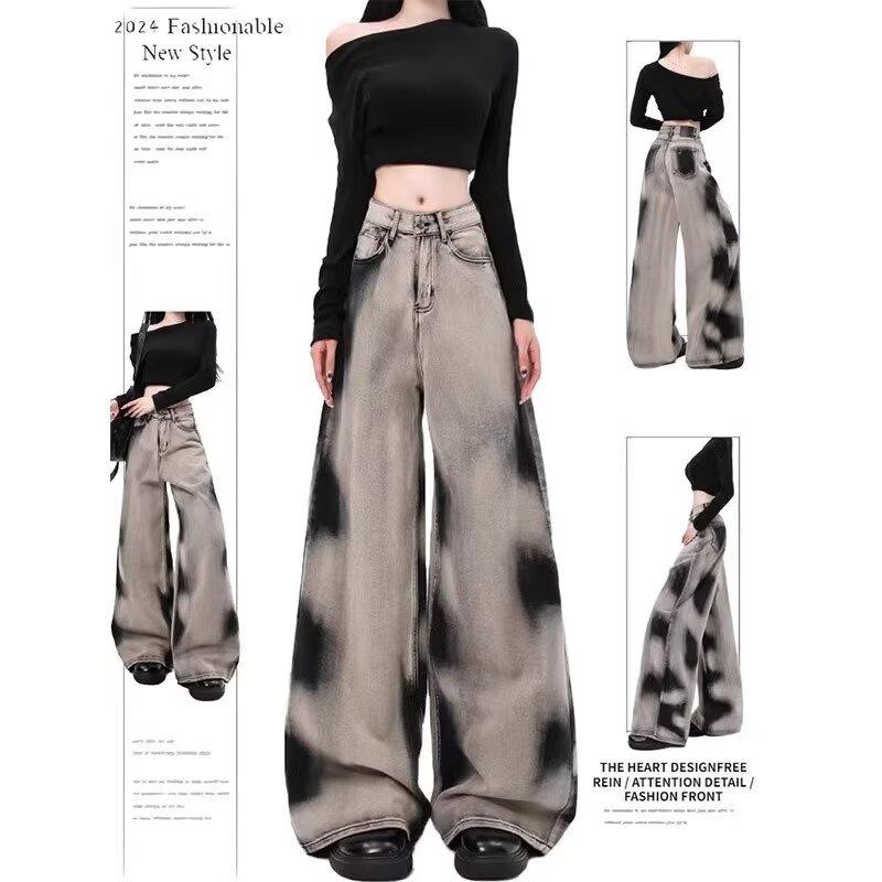 Women's High-Waist Retro Tie-Dye Gradient Jeans - Loose, Wide-Leg, Floor-Length Pants for Early Autumn
