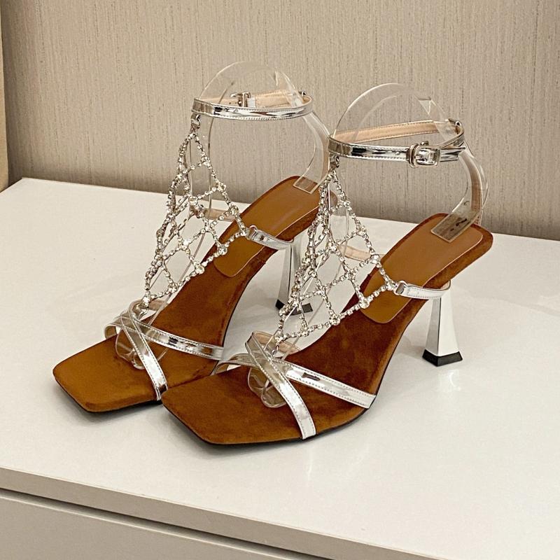 Summer Women's High Heel Sandals Square Head Fashionable Sexy All-match Rhinestone High Heel Sandals