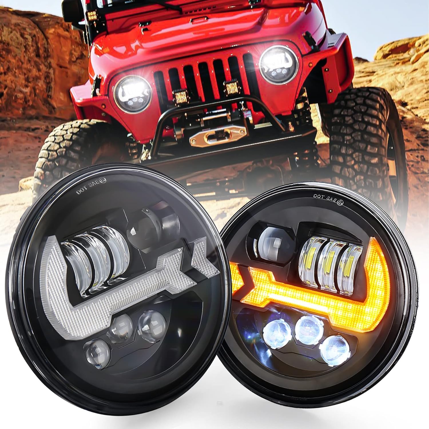 

Jeep Wrangler MOVOTOR LED Headlights with White and Amber Turn Compatible with Jeep Wrangler and Jimny Set of 2 Headlights, 7-inch Hi/Lo Switching,