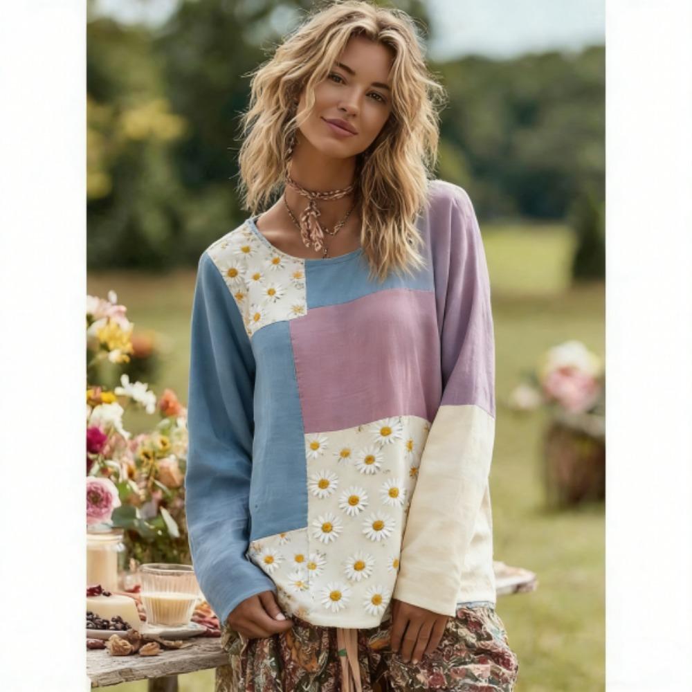 Europa Ameryka Vintage Kolory Łączone Damska Koszulka Pulower Styl Bohemian Damska Z Długim Rękawem Odzież Outdoor Codzienne Koszulki Top