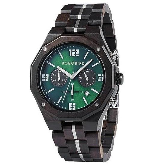 BOBO BIRD Mens Wooden Watch Sports Fashion Casual Chronograph Quartz Stainless Steel Strap Date Display Green Medium Luxury Elegance