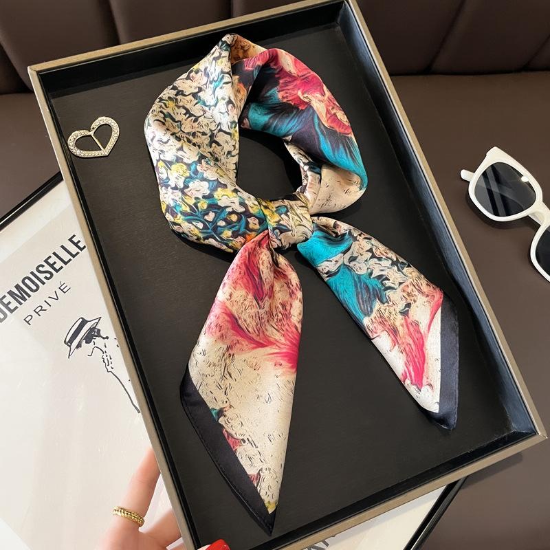 Blue Cherry Blossom Chessboard Mulberry Silk Scarf Female Simulation Silk Scarf Decorative Scarf Mom Shawl 70Cm Square Scarf