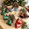 Vintage Style Hanging Decorations Christmas Bell Ornaments, Metal Double Jingle Bells Xmas Tree Retro Iron Ornaments Decoration with Pinecones Berries