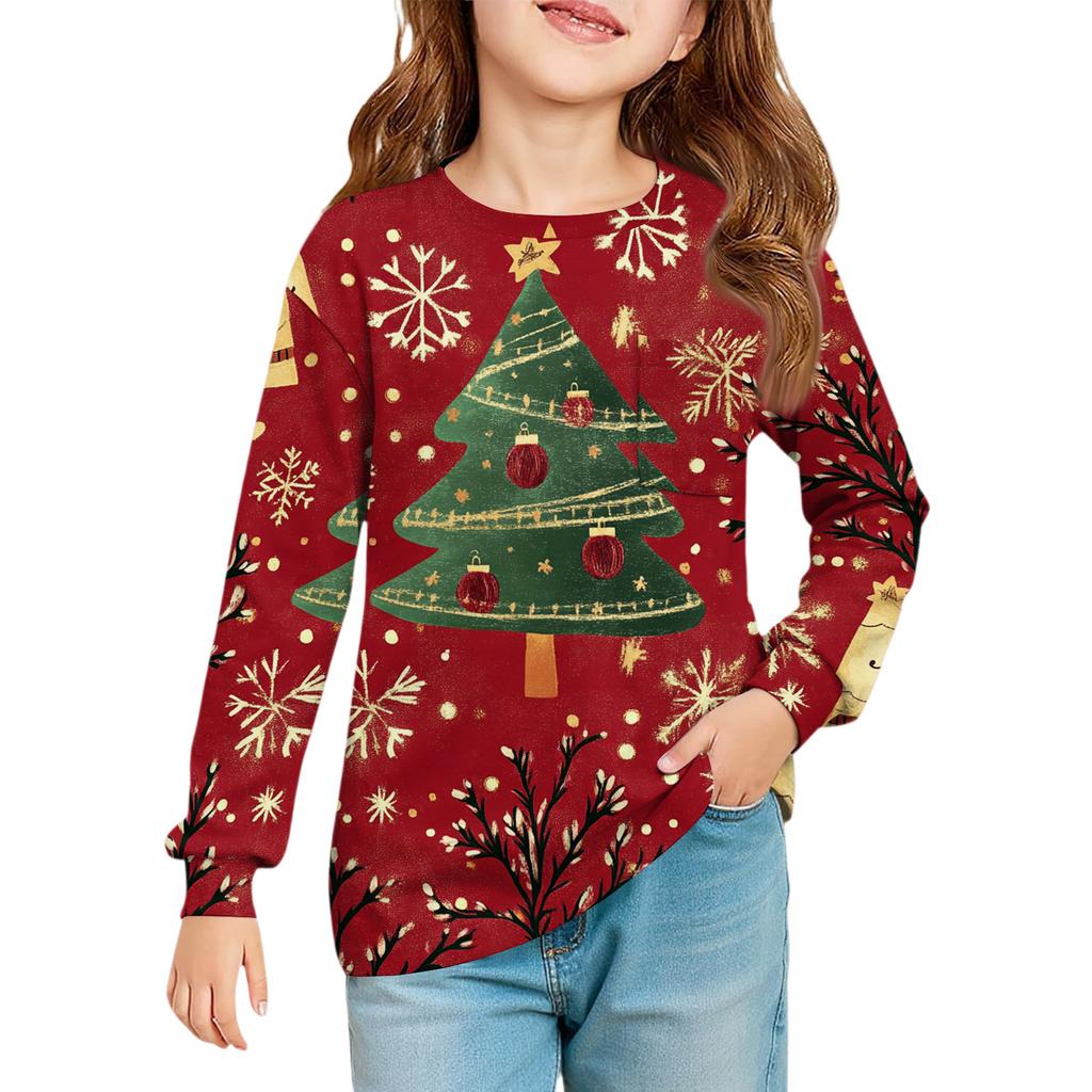 Weihnachtstag Mädchen Langarmbluse - Rundhals Weiche Taille Tunika