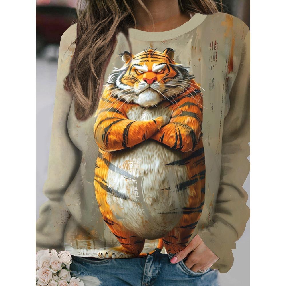 Women's Long-Sleeved T-Shirt for Fall Loose-fitting Casual Long-Sleeved Top Cartoon Animal Print OverSize Women's Clothing