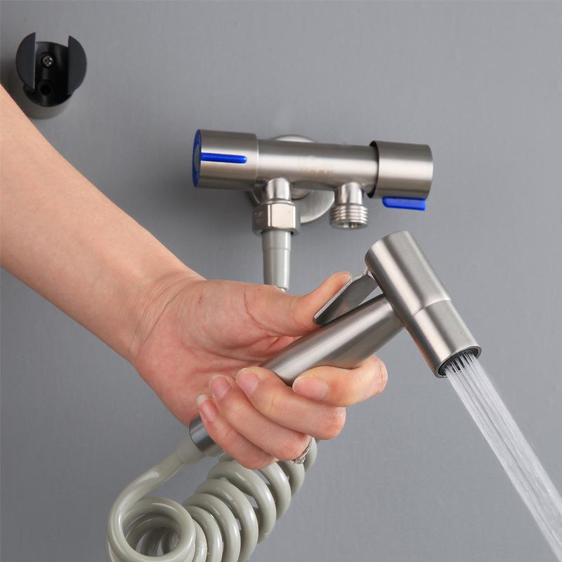 

TOP Bathroom Faucet Dual Control Double Handle Stainless Steel Cold Water Faucet Bathroom Washing Machine Faucet Triangle Valve Silver