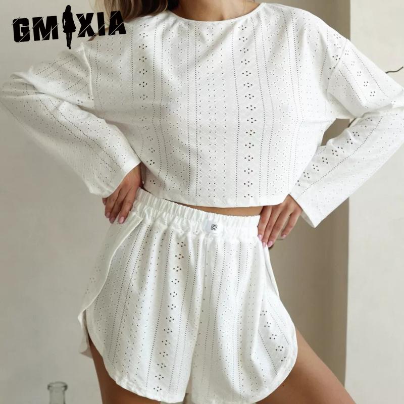 

GMXIA Весенне-летний женский костюм Модный простой стиль Свободный пуловер Топ с длинным рукавом Открытые шорты Пижама S белый
