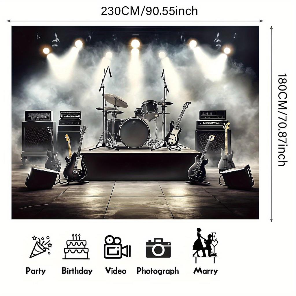 1 Polyester Party Background Banner for a Rock Band Stage: Concert Themed Decoration, Includings, Drums and Guitars.