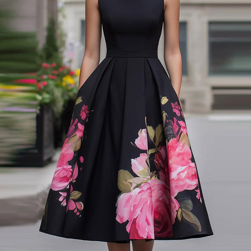 Spring and Summer European and American Cross-border Amazon Independent Station Hot Sale New Sleeveless Flower Waist Pleated Dress Women