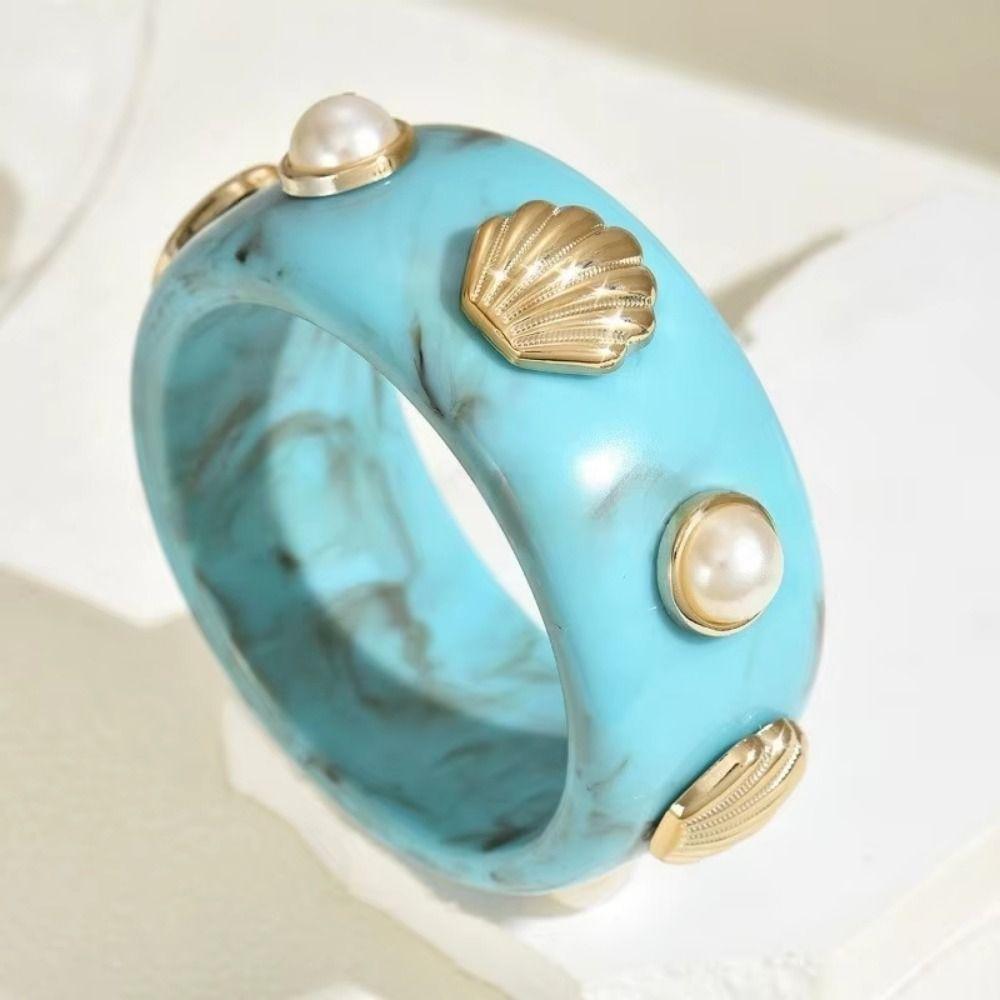 Round Resin Pearl Shell Bracelet Wide Cuff Bracelet Exaggerated Design Bohemian Bangle  Men
