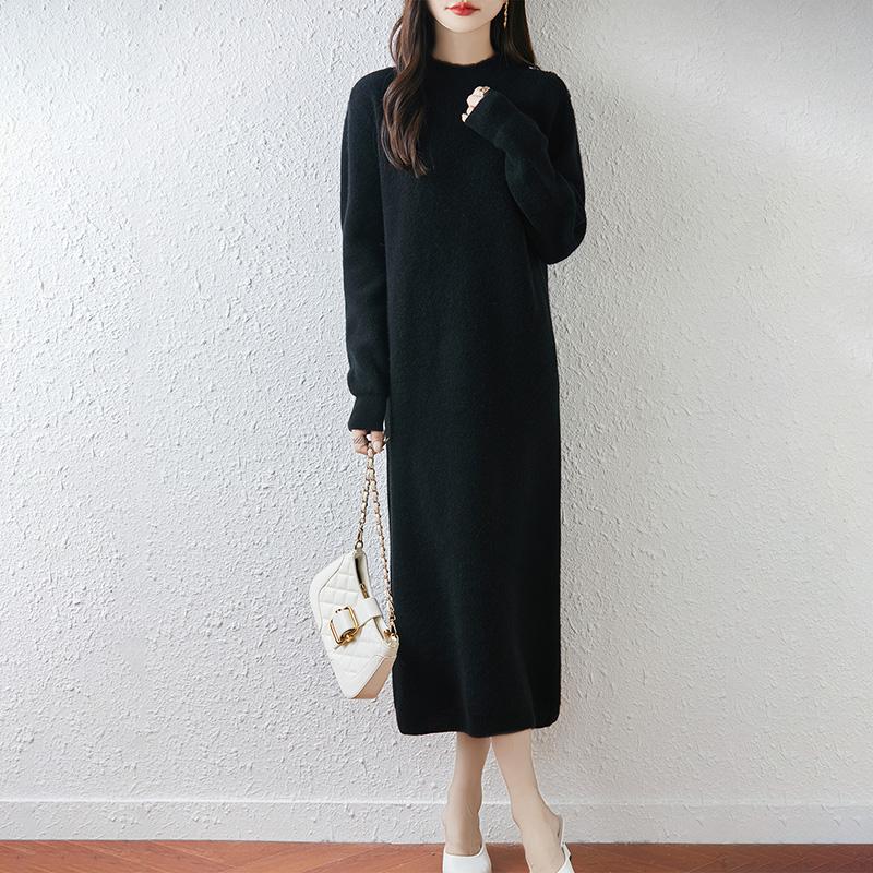 Women Sweater Dress 100% Wool TIDENOVEL O-neck Knit Long Pullover Winter Jumpers Wool Long Dress Female