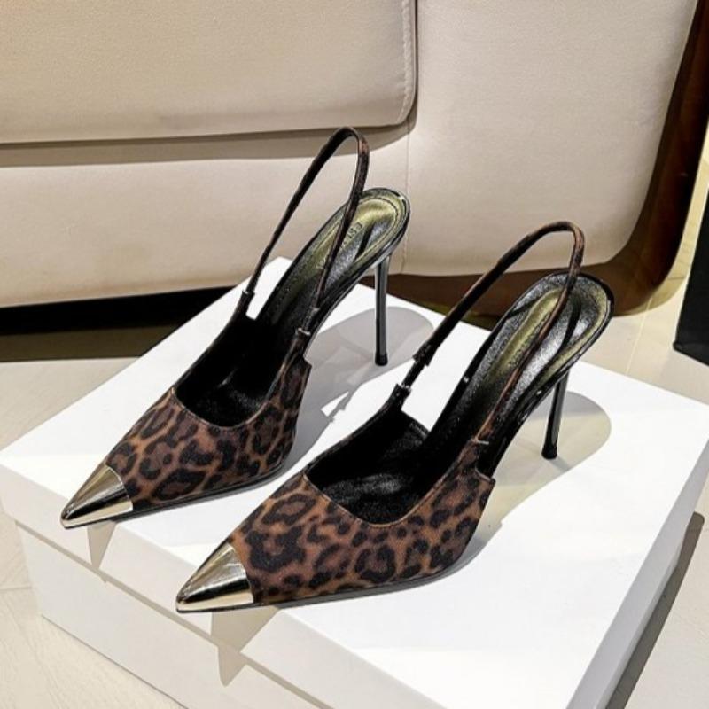 Fashion Women's Fashion Slim Heel Shoes Spring New Metal Pointed Suede Leopard Slip-on Non-slip High Heels